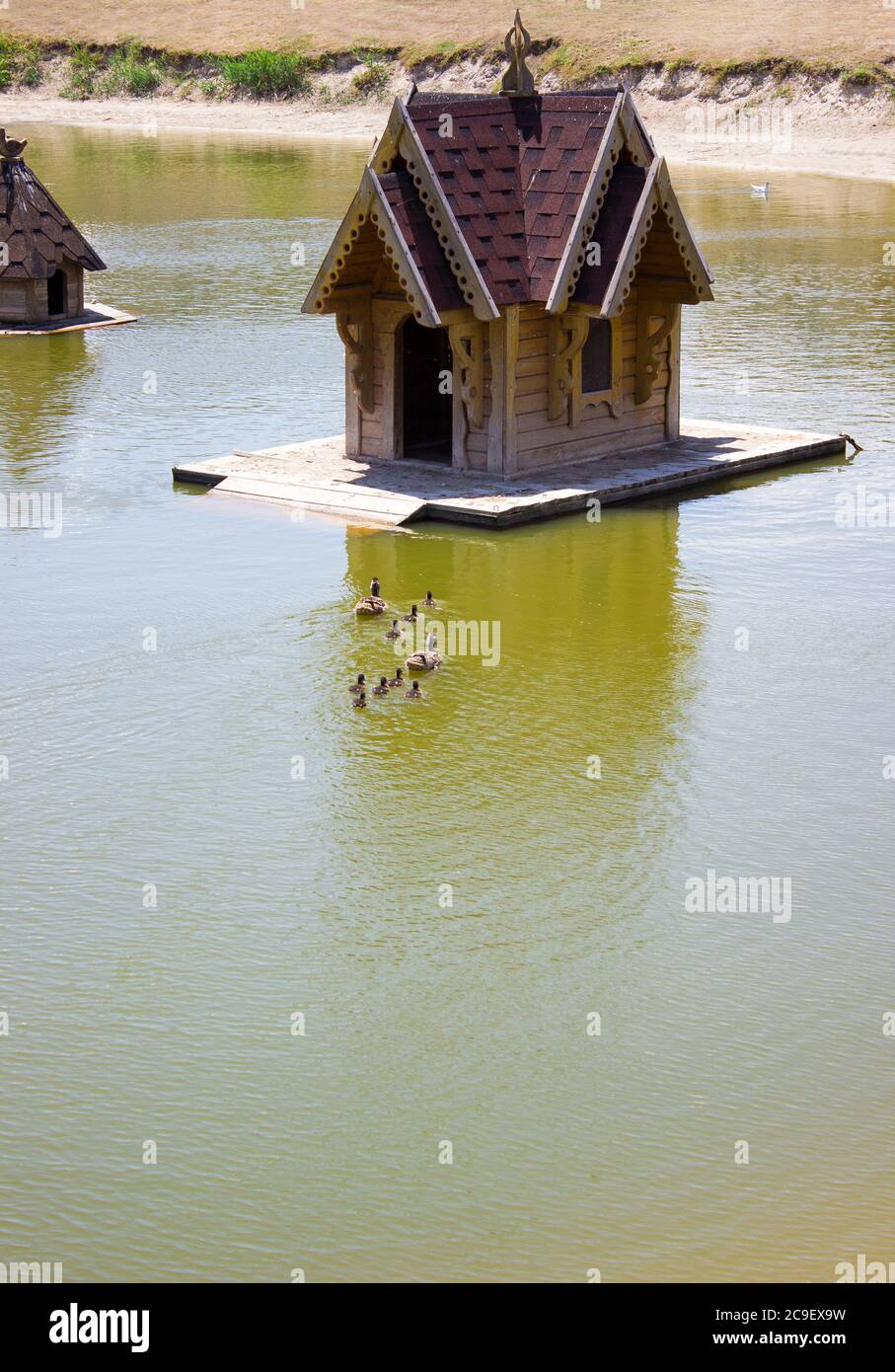 Water house for ducks and swans - in the park, for waterfowl, animals Stock Photo