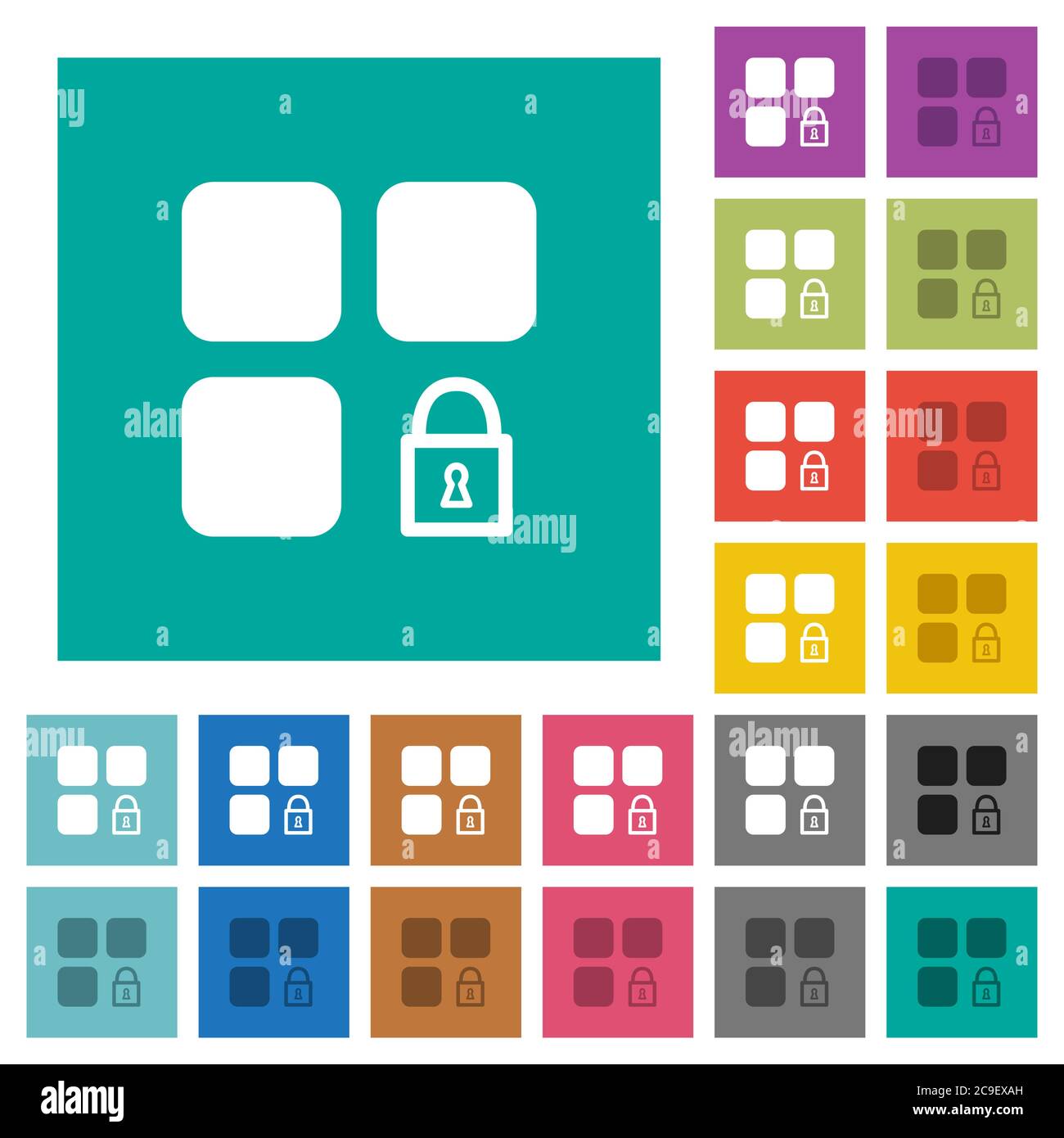 Lock component multi colored flat icons on plain square backgrounds. Included white and darker icon variations for hover or active effects. Stock Vector