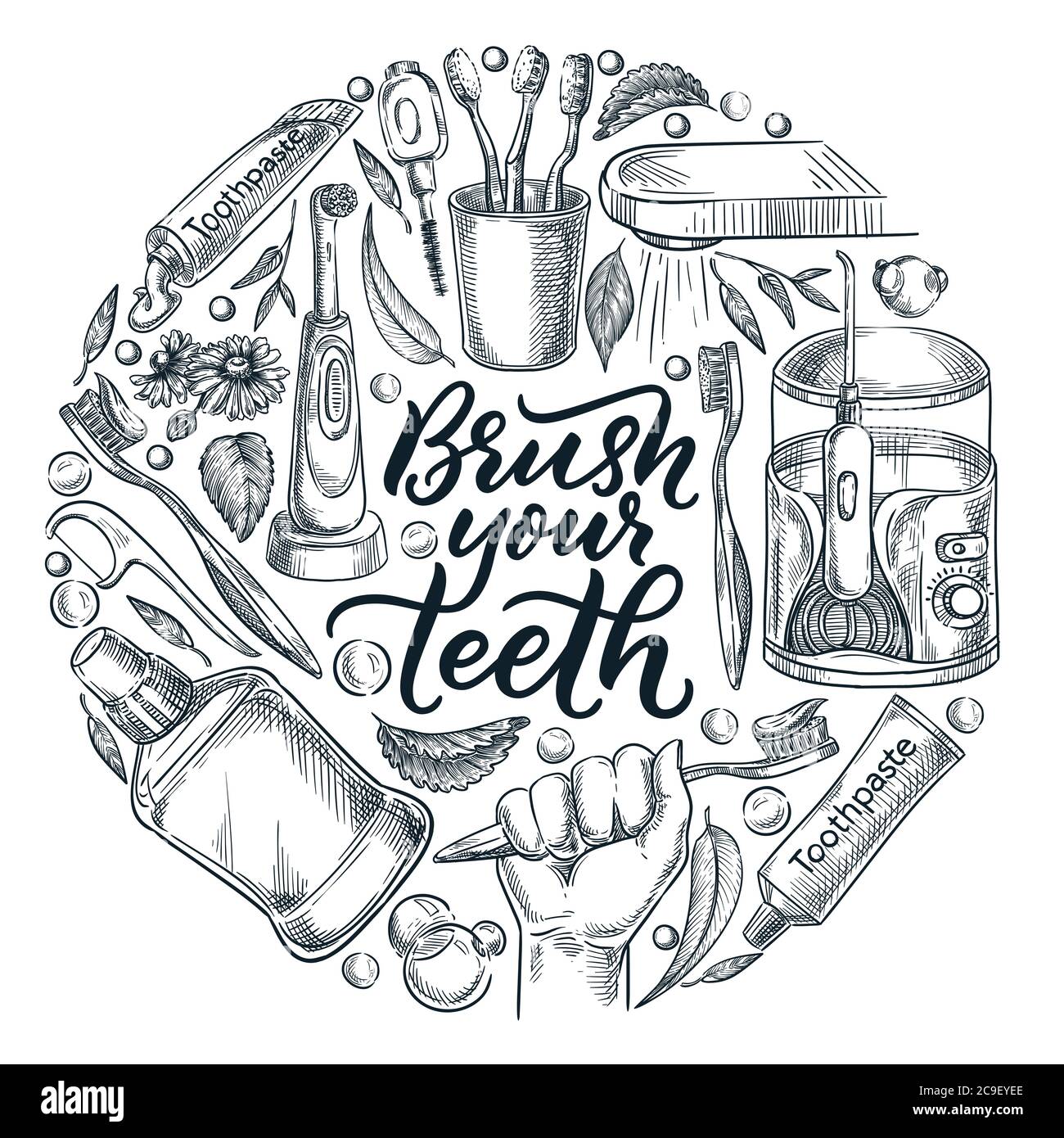 Brush your teeth calligraphy lettering poster, banner, or label design template. Vector sketch illustration of toothbrush in hand and toothpaste. Dent Stock Vector