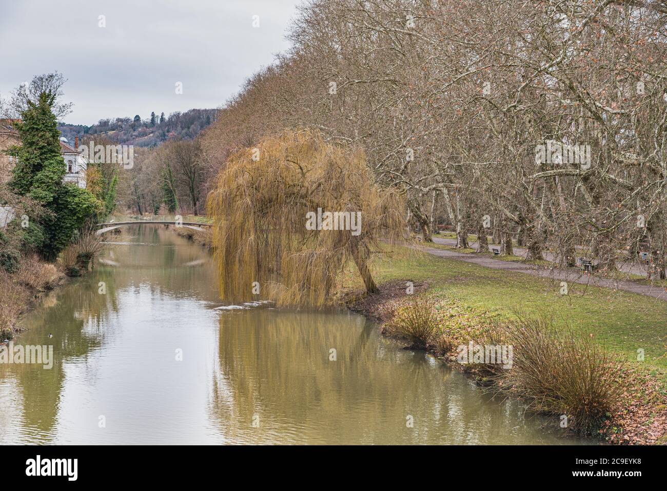 Tranquil winter view of the River Neckar and the Neckarinsel island from the popular Eberhardsbrucke with a weeping willow by the Neckar riverbank Stock Photo