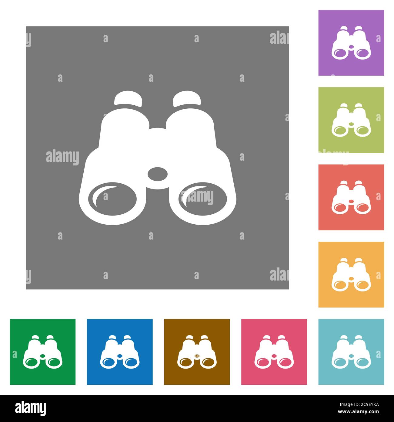 Binoculars flat icons on simple color square backgrounds Stock Vector