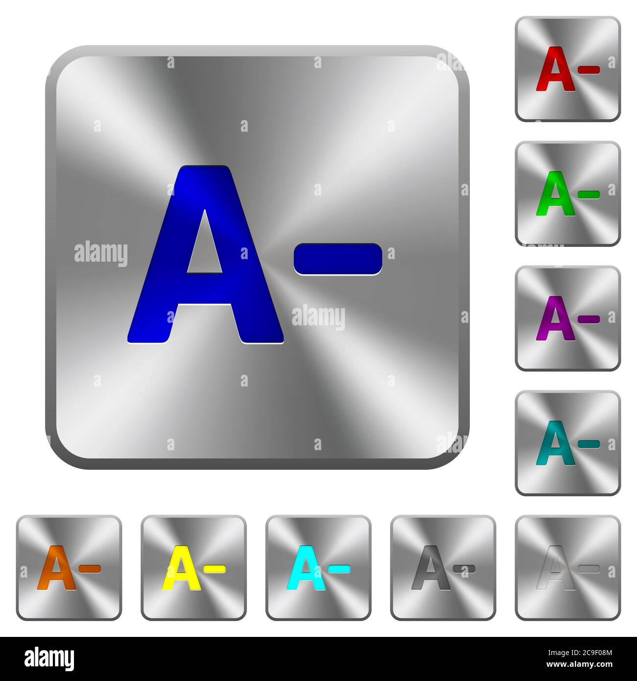 Decrease font size engraved icons on rounded square glossy steel buttons Stock Vector