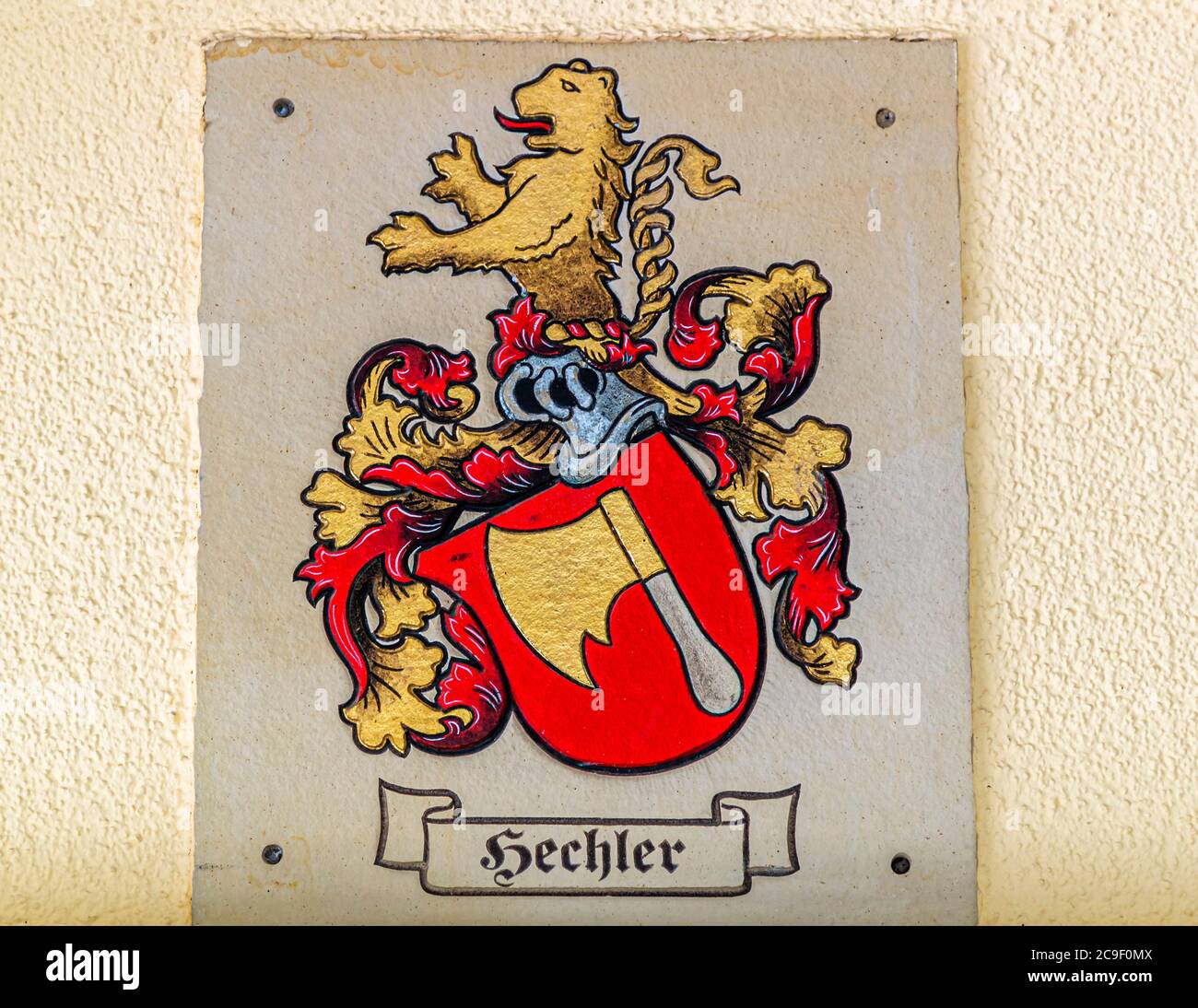 Coat of arms of the Hechler family at Hotel Mühle in Binzen, Germany Stock Photo