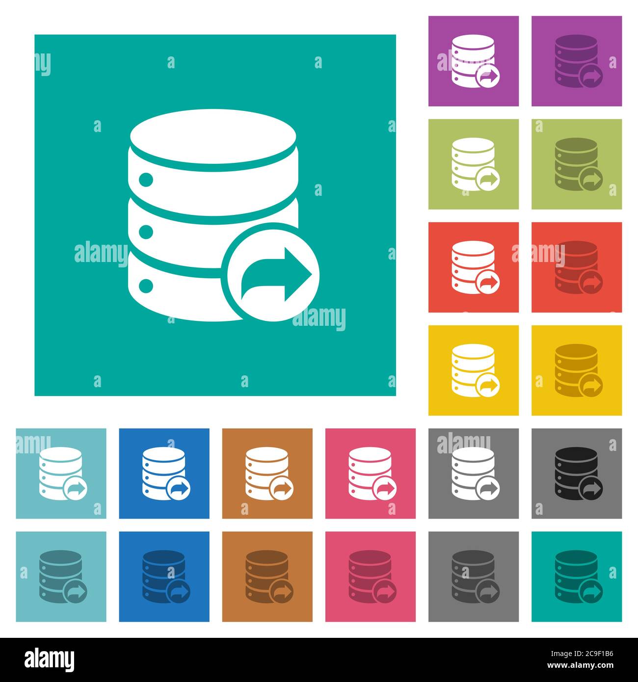 Database transaction commit multi colored flat icons on plain square backgrounds. Included white and darker icon variations for hover or active effect Stock Vector