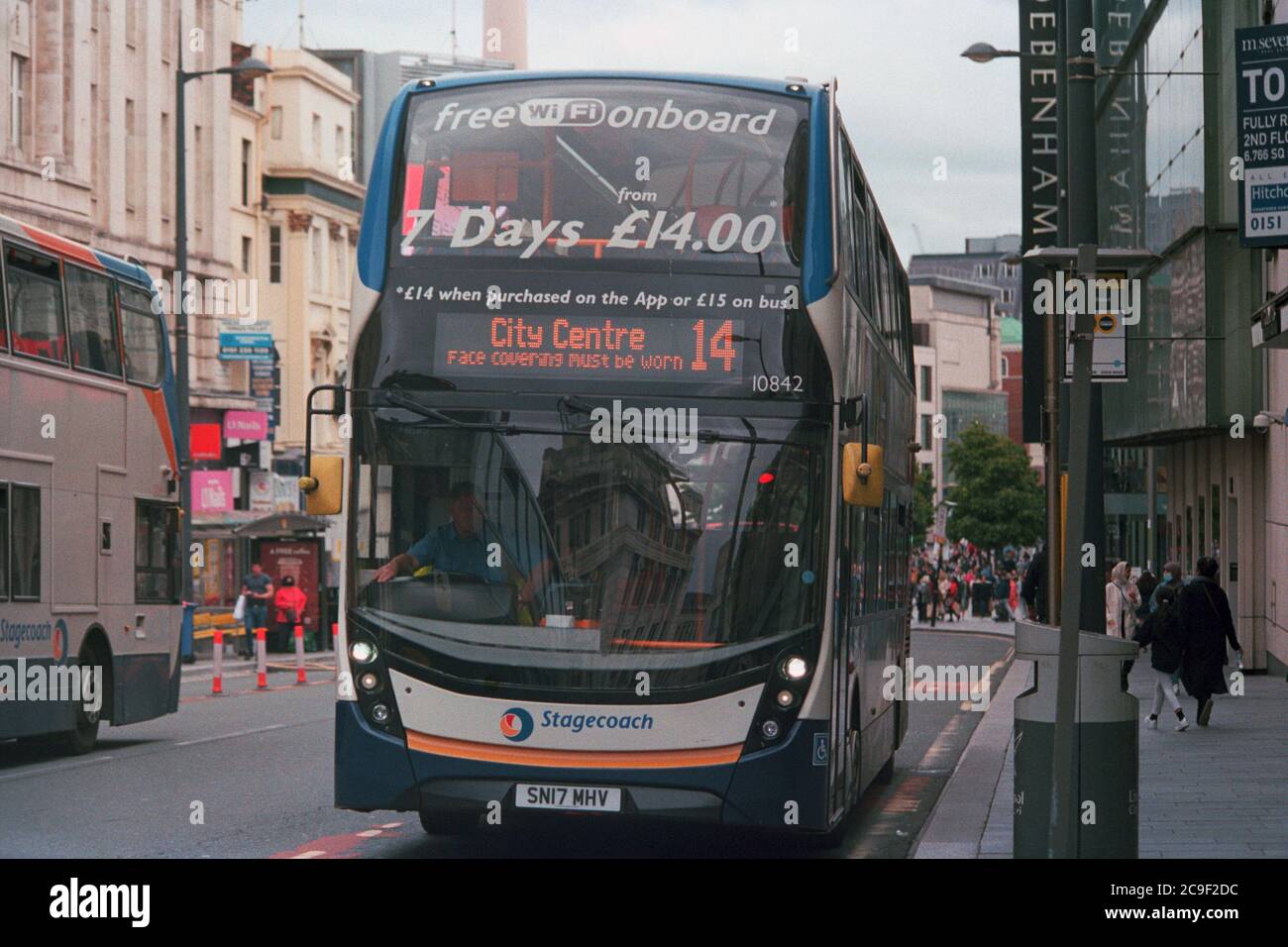 Liverpool, UK - 25 July 2020: A Stagecoach double-decker bus route 14 on the street. Stock Photo