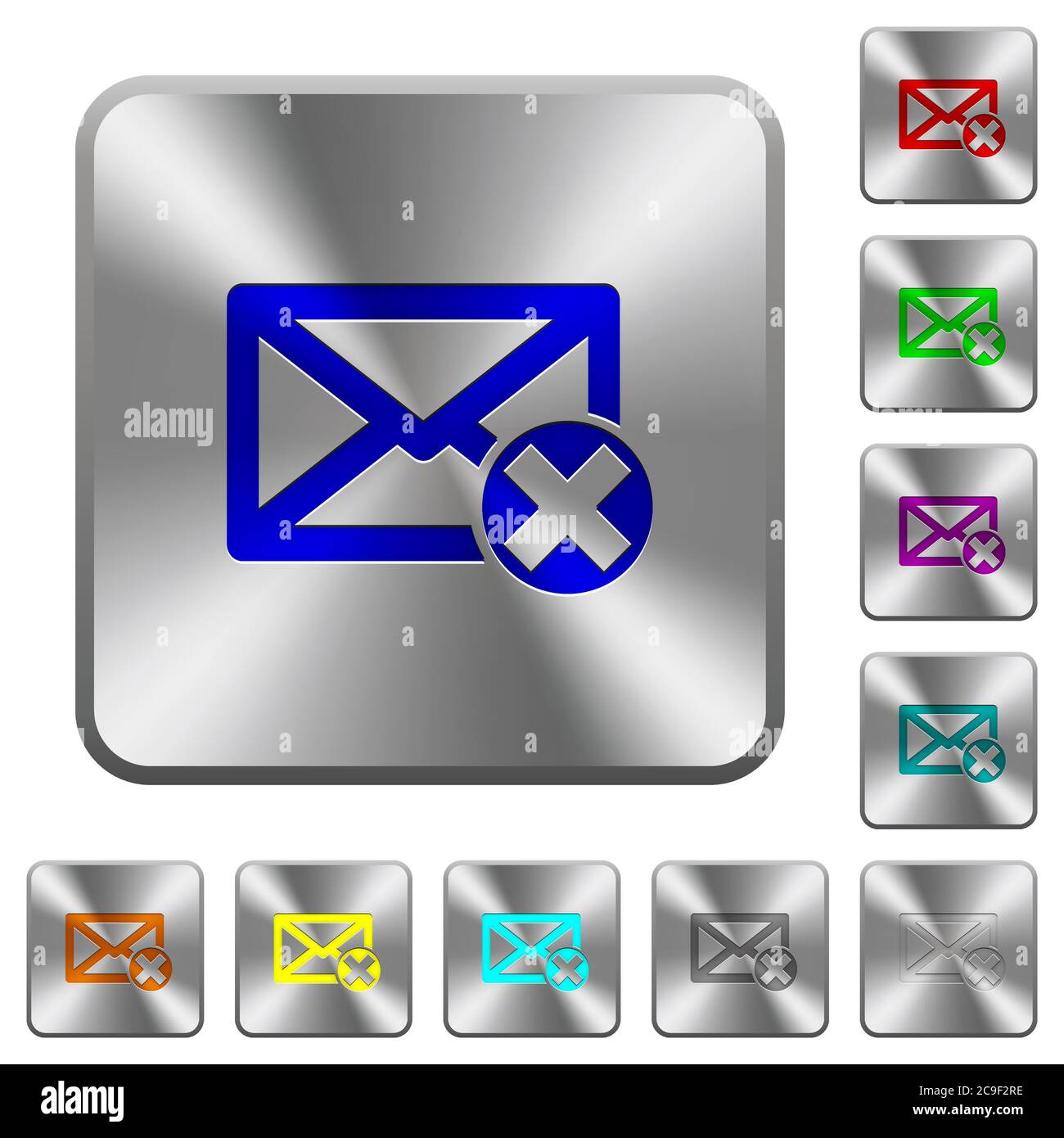 Delete mail engraved icons on rounded square glossy steel buttons Stock Vector