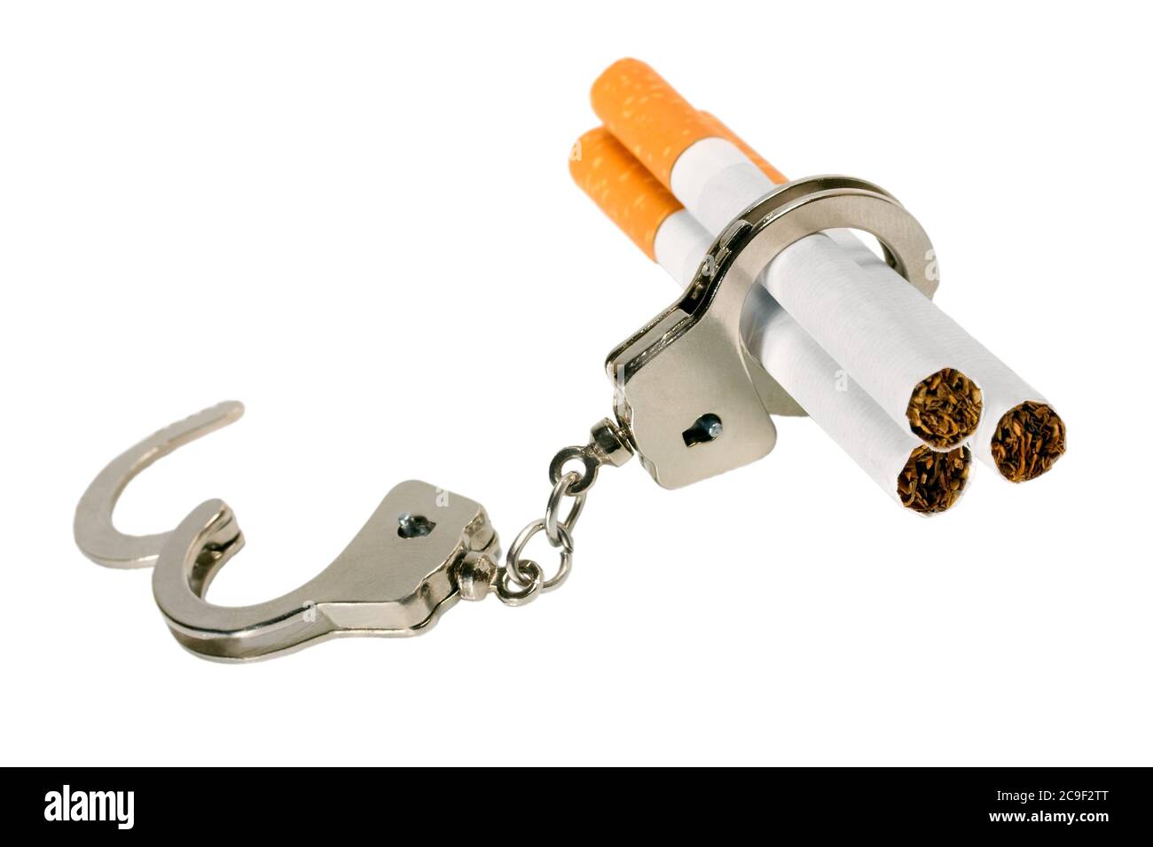 cigarette in handcuffs nicotine addiction concept on white background Stock Photo