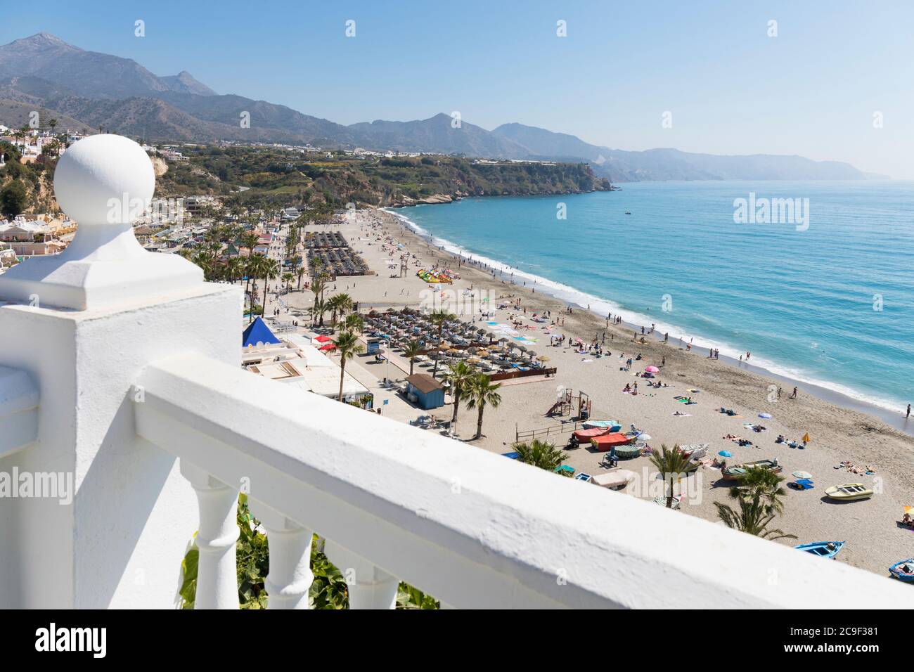 Nerja, Costa del Sol, Malaga Province, Andalusia, southern Spain.  Burriana beach seen from gardens of the National Parador. Stock Photo