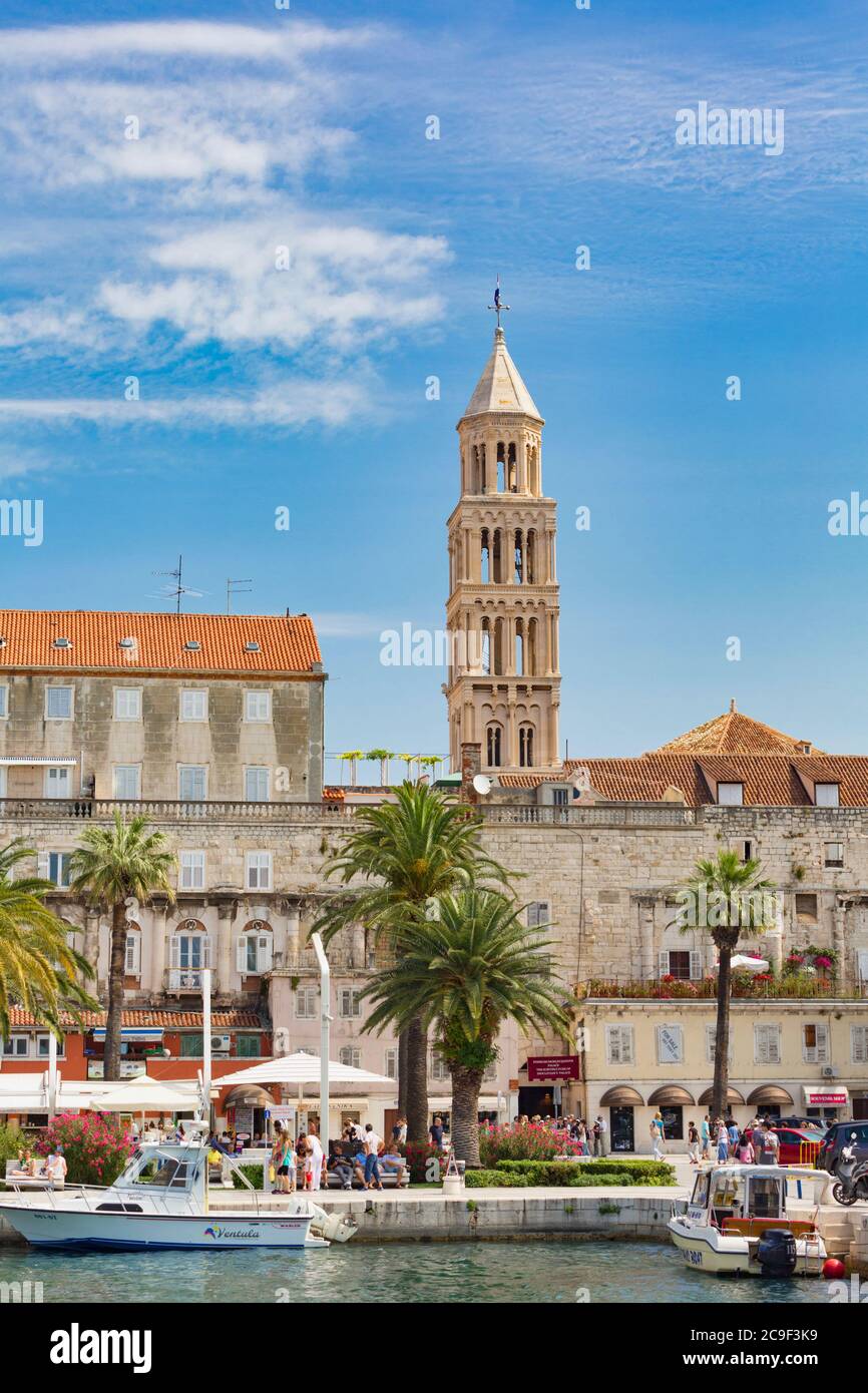 Split, Dalmatian Coast, Croatia.  The harbour.  The tower in the background is the bell tower of Saint Domnius cathedral. The Historic Centre of Split Stock Photo