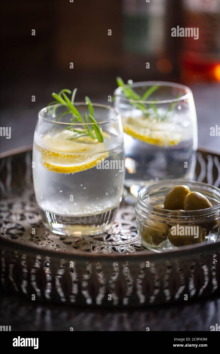 Alcoholic drinks (gin tonic cocktails) with lemon rosemary and ice on a burnished metal drinks tray.  Copy space. Portrait Stock Photo