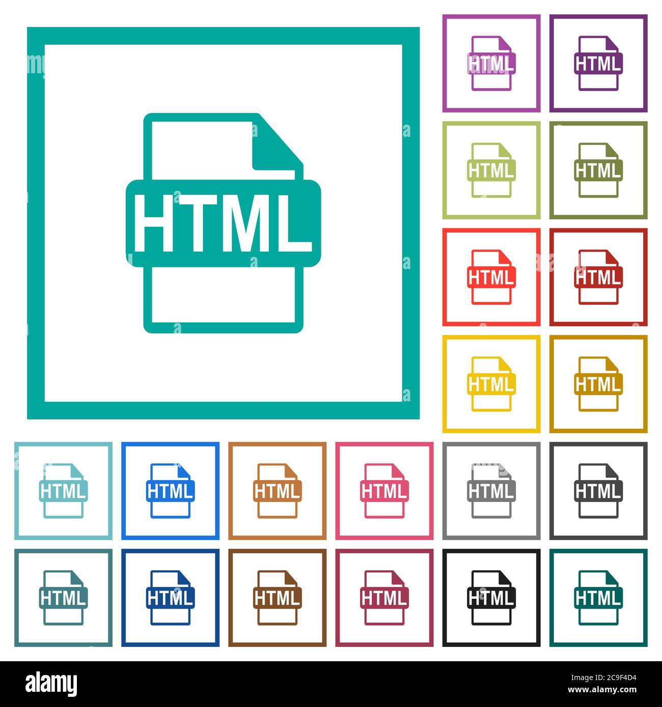 HTML file format flat color icons with quadrant frames on white background Stock Vector