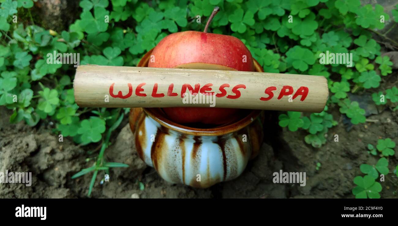 Wellness spa word presented on bamboo stick with colorful apple fruit background. Stock Photo