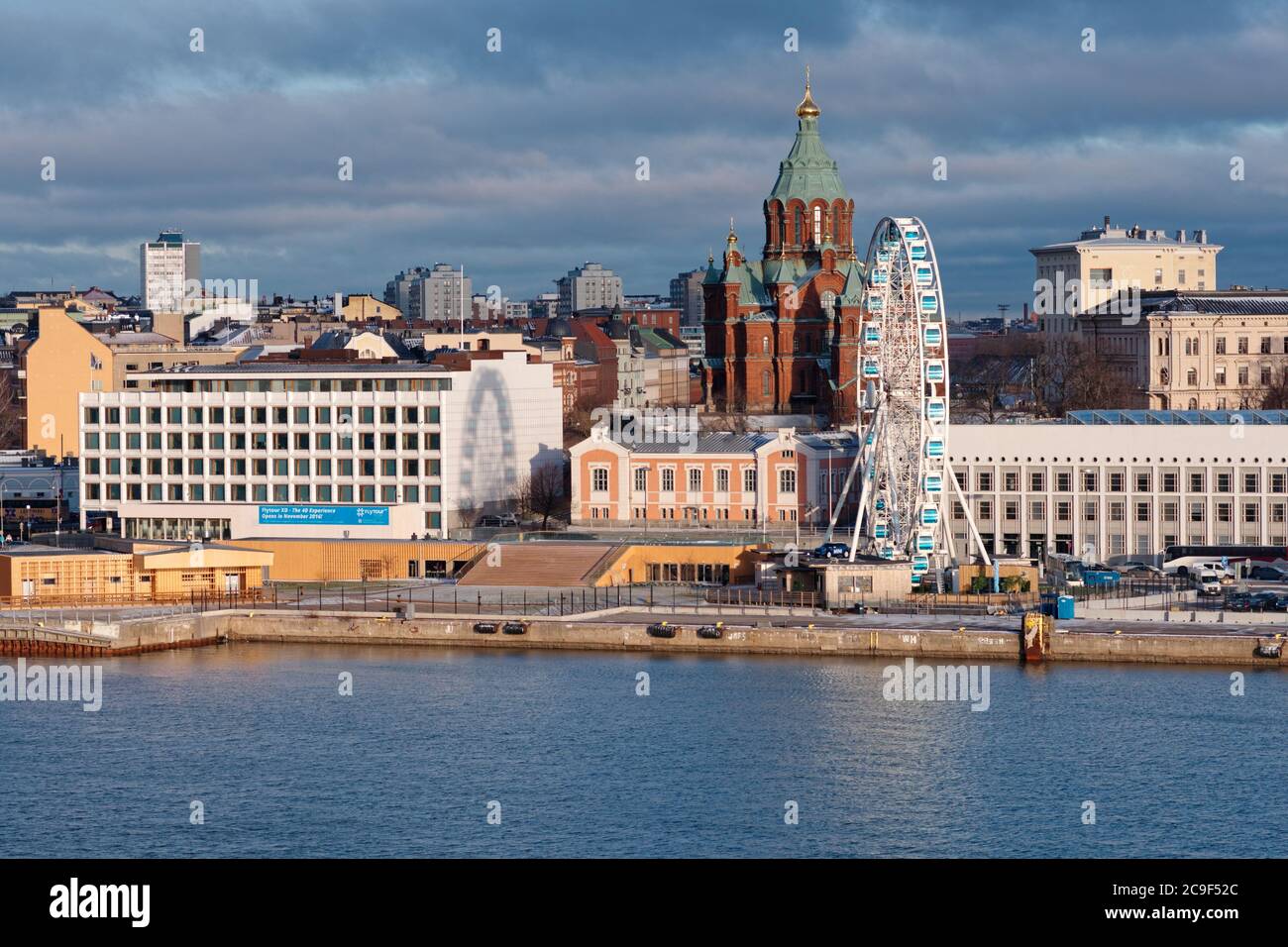 Cityscape of Helsinki, the capital city of Finland. Aerial view. Aalvar Aalto building contrasting with Uspensky Cathedral Stock Photo