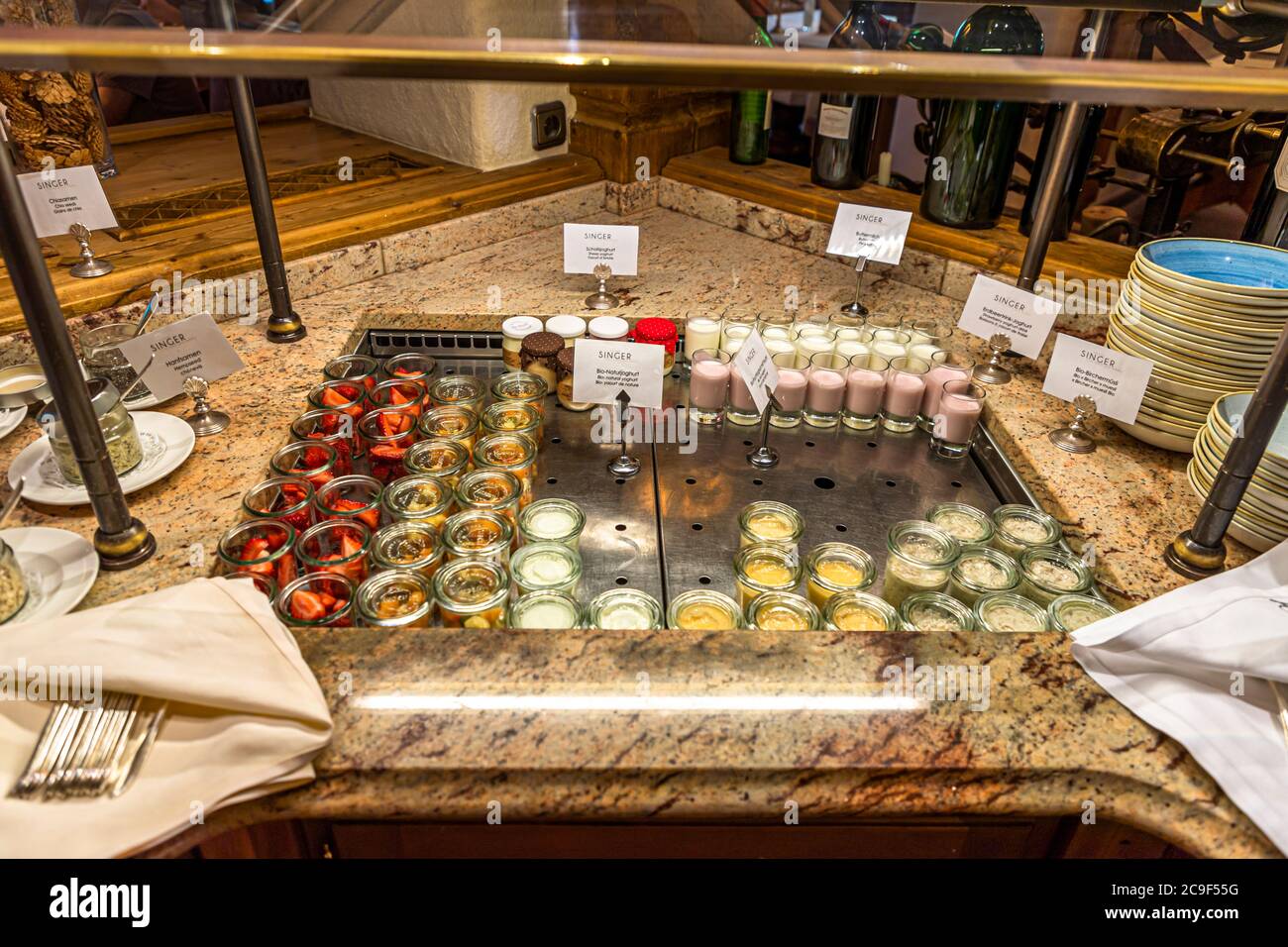 Hotel breakfast buffet with Corona hygiene measures in Berwang, Austria Stock Photo