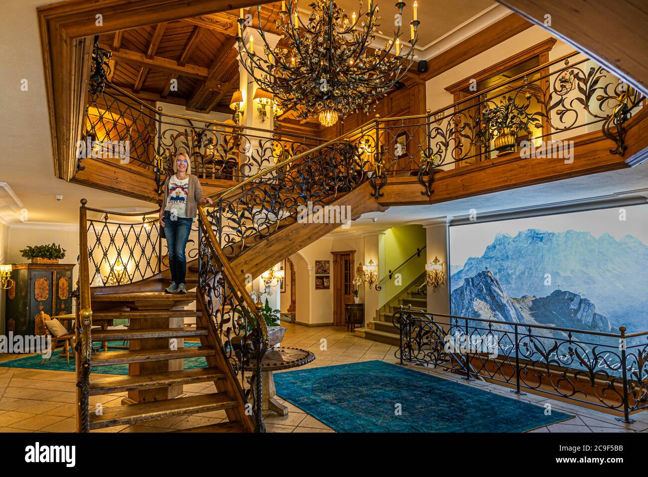 Traditional Wooden Stairway in Hotel Singer, Berwang, Austria Stock Photo