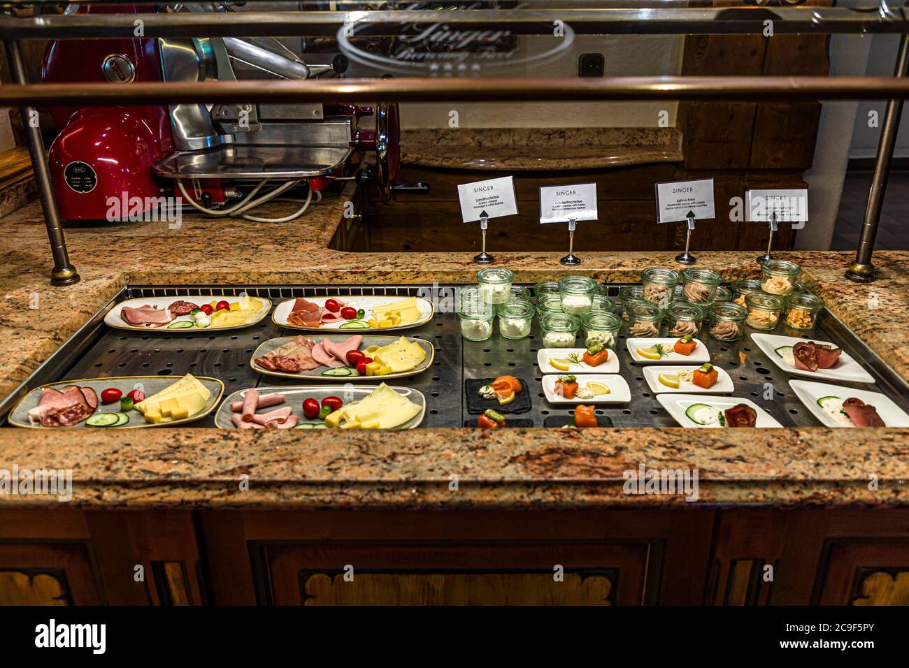 Hotel breakfast buffet with Corona hygiene measures in Berwang, Austria Stock Photo