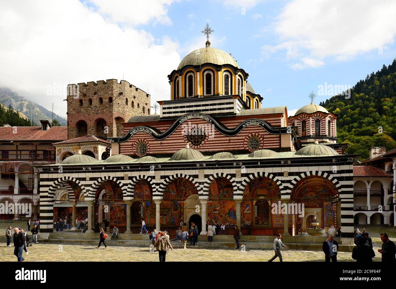 Rila, Bulgaria - September 29, 2013: Unidentified tourists visit the Unesco World Heritage site Monastery of Saint Ivan of Rila - named Rila monastery Stock Photo