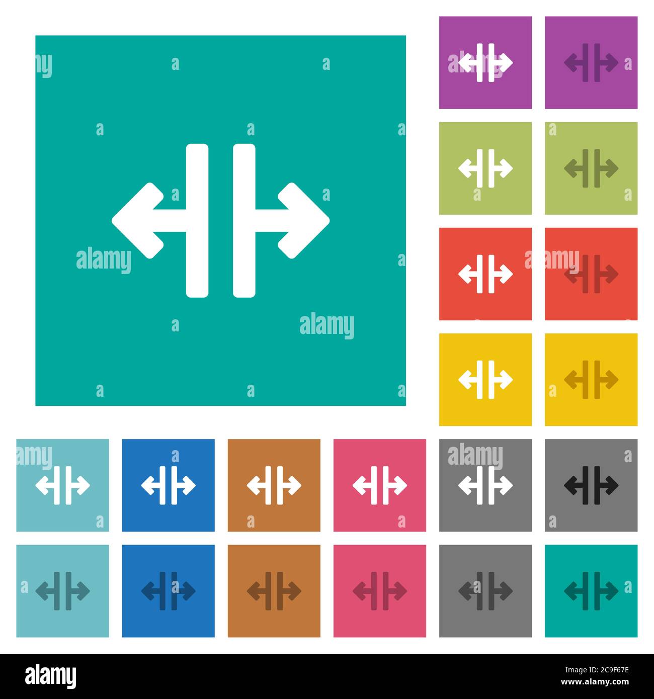 Vertical split tool multi colored flat icons on plain square backgrounds. Included white and darker icon variations for hover or active effects. Stock Vector