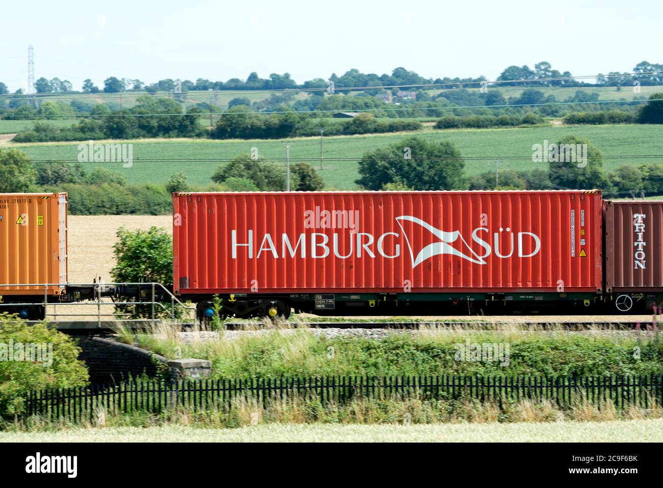 Hamburg Sud shipping container on a freightliner train, West Coast Main