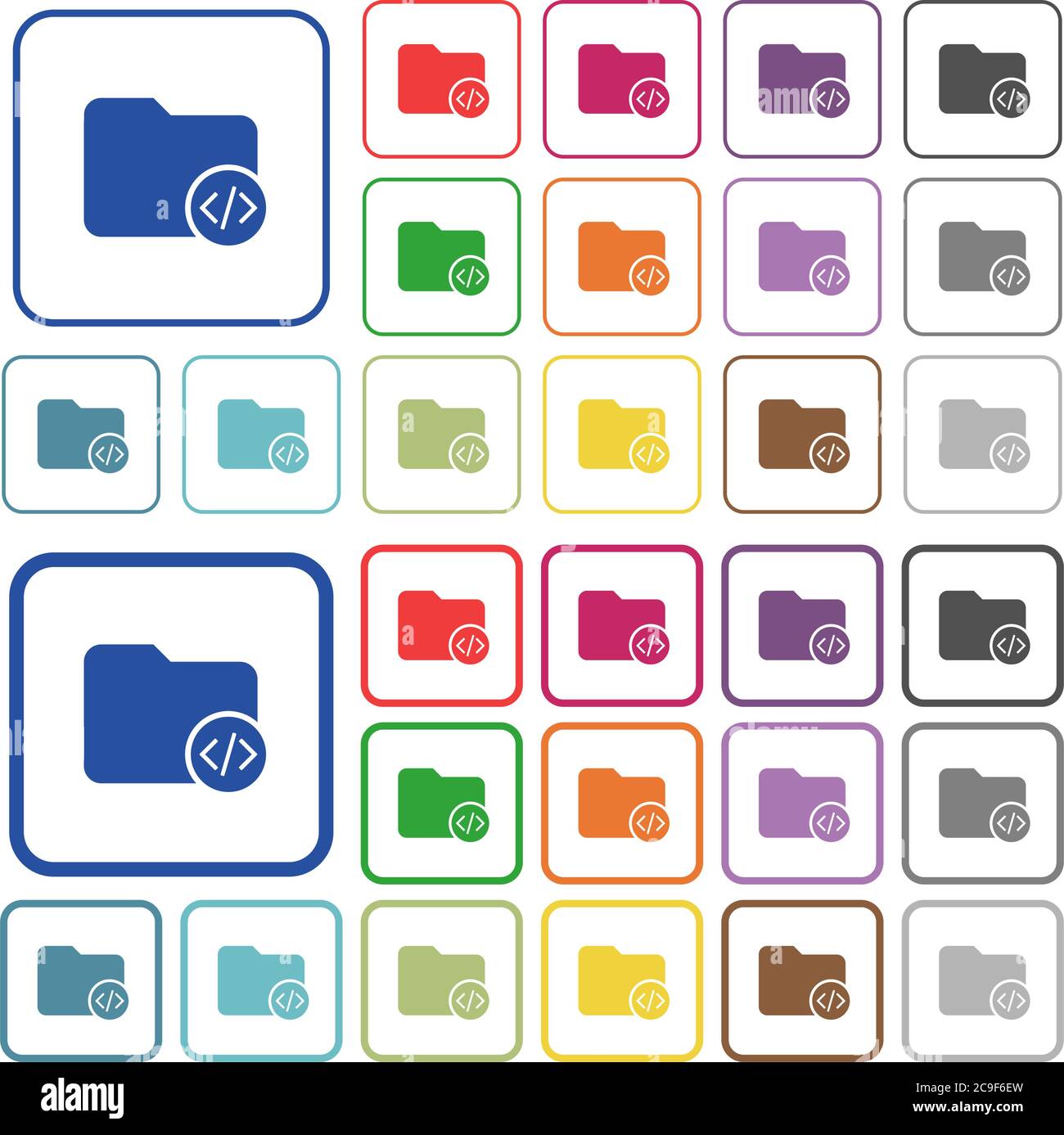 Source code directory color flat icons in rounded square frames. Thin and thick versions included. Stock Vector