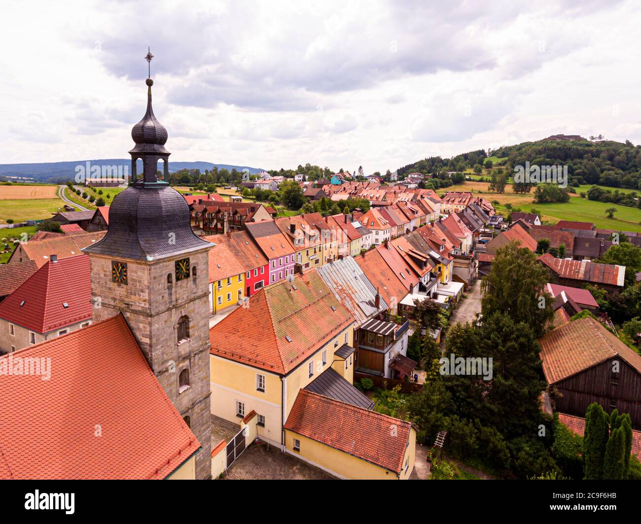Aerial image of Kemnath-Waldeck, Germany. Village street of Waldeck in Upper Palatinate Stock Photo