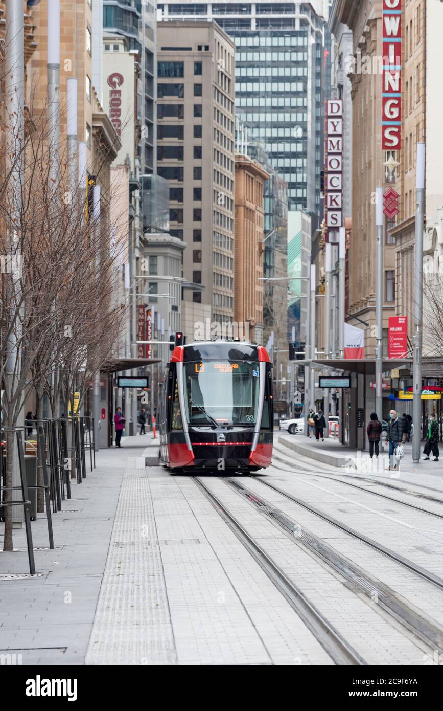 Jul 2020:One of the new Sydney light-rail trams on George Street Sydney, Australia. The tram travels between the suburbs of Randwick and Circular Quay Stock Photo