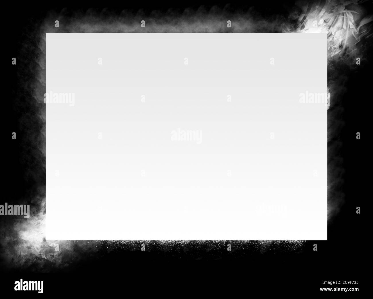 Empty White Rectangle Box With White Spray On Black Background Template-For Banner, Poster, Card & Photo Frame Stock Photo