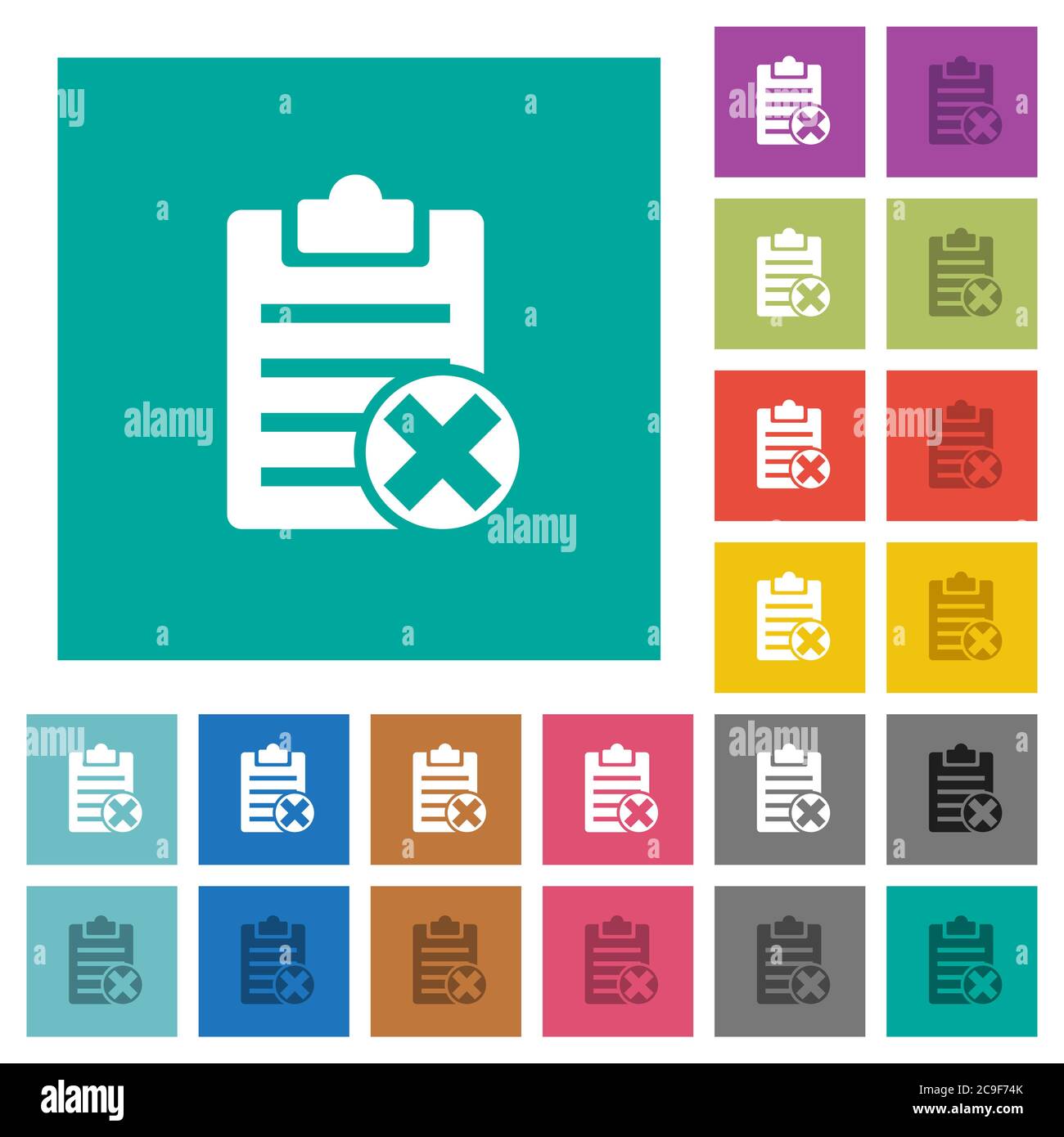 Note cancel multi colored flat icons on plain square backgrounds. Included white and darker icon variations for hover or active effects. Stock Vector