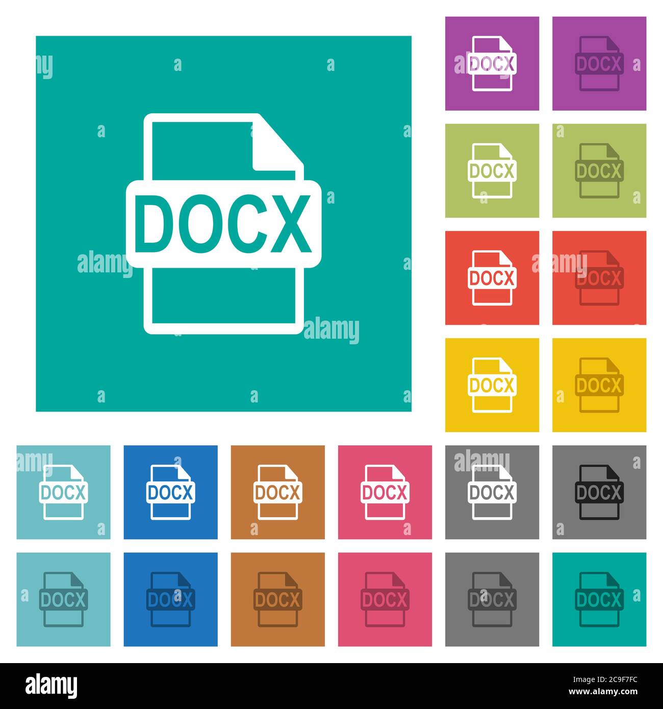DOCX file format multi colored flat icons on plain square backgrounds. Included white and darker icon variations for hover or active effects. Stock Vector