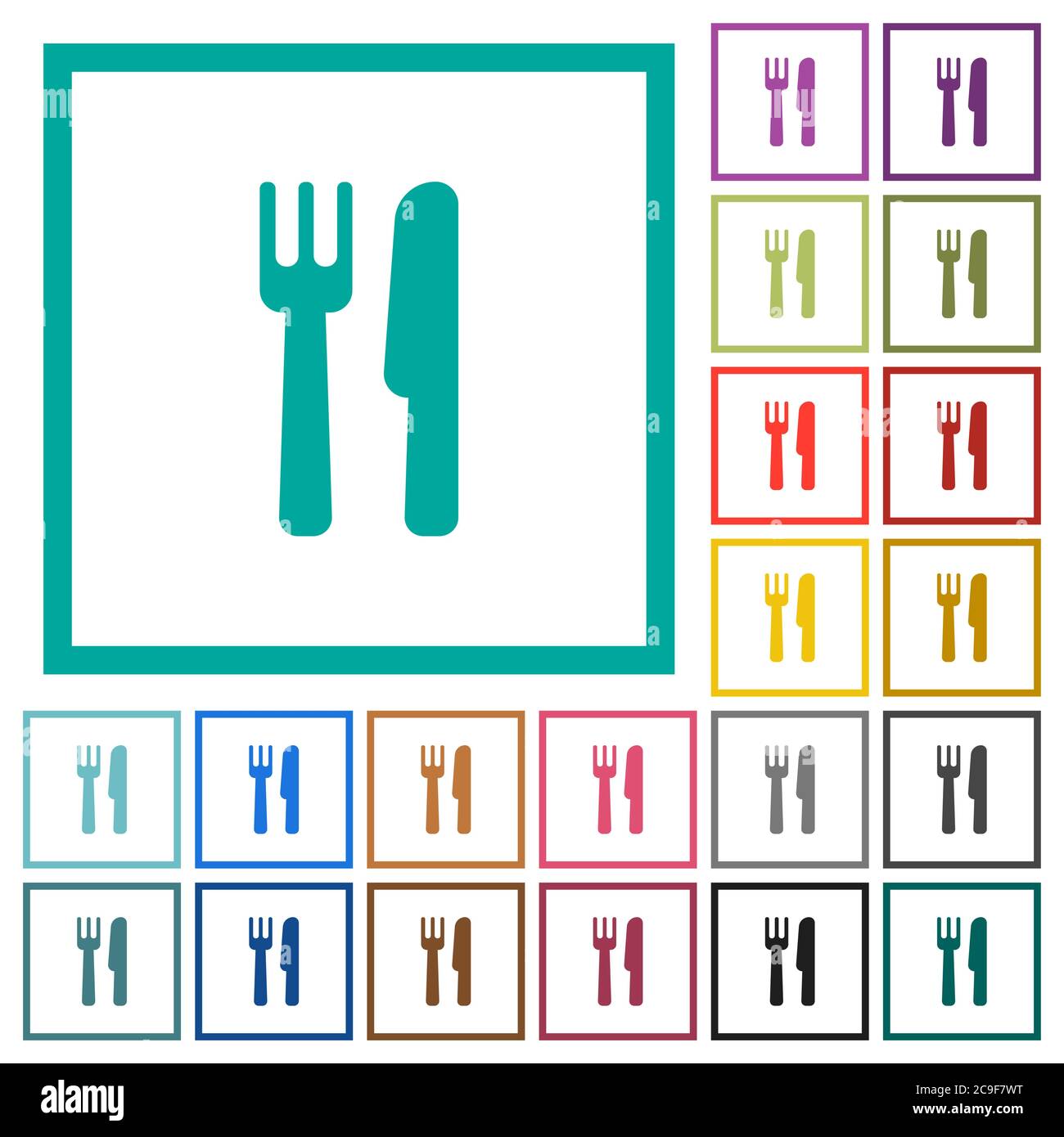 Cutlery flat color icons with quadrant frames on white background Stock Vector