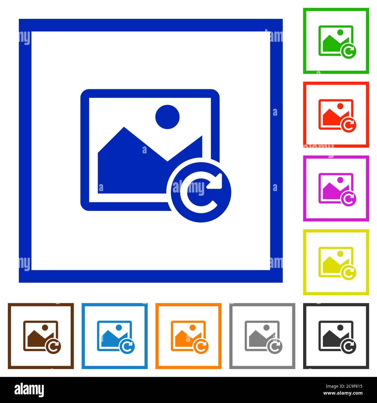 Image rotate right flat color icons in square frames on white background Stock Vector