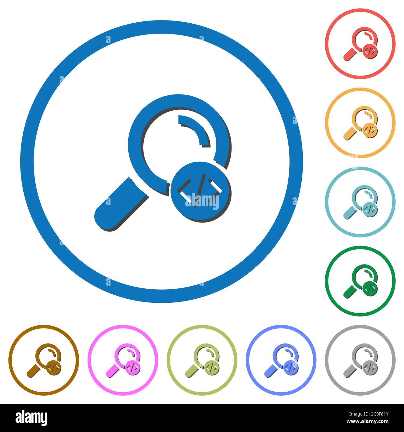 Search programming code flat color vector icons with shadows in round ...