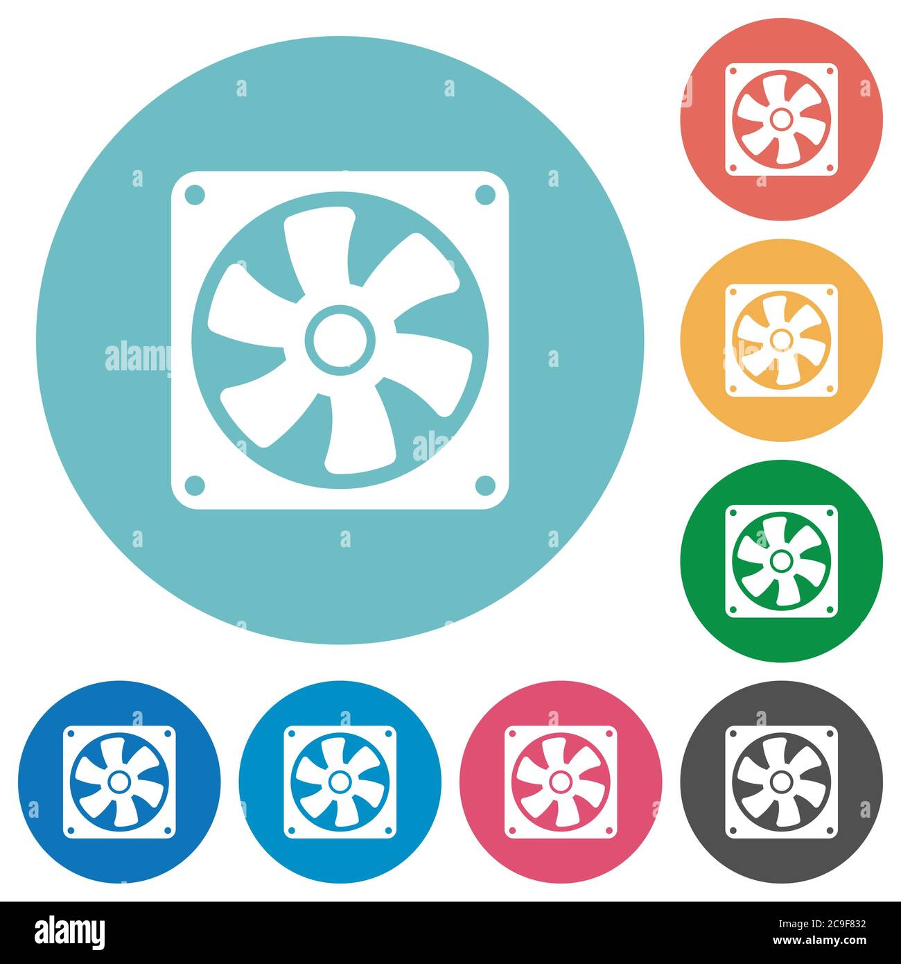Computer fan flat white icons on round color backgrounds Stock Vector