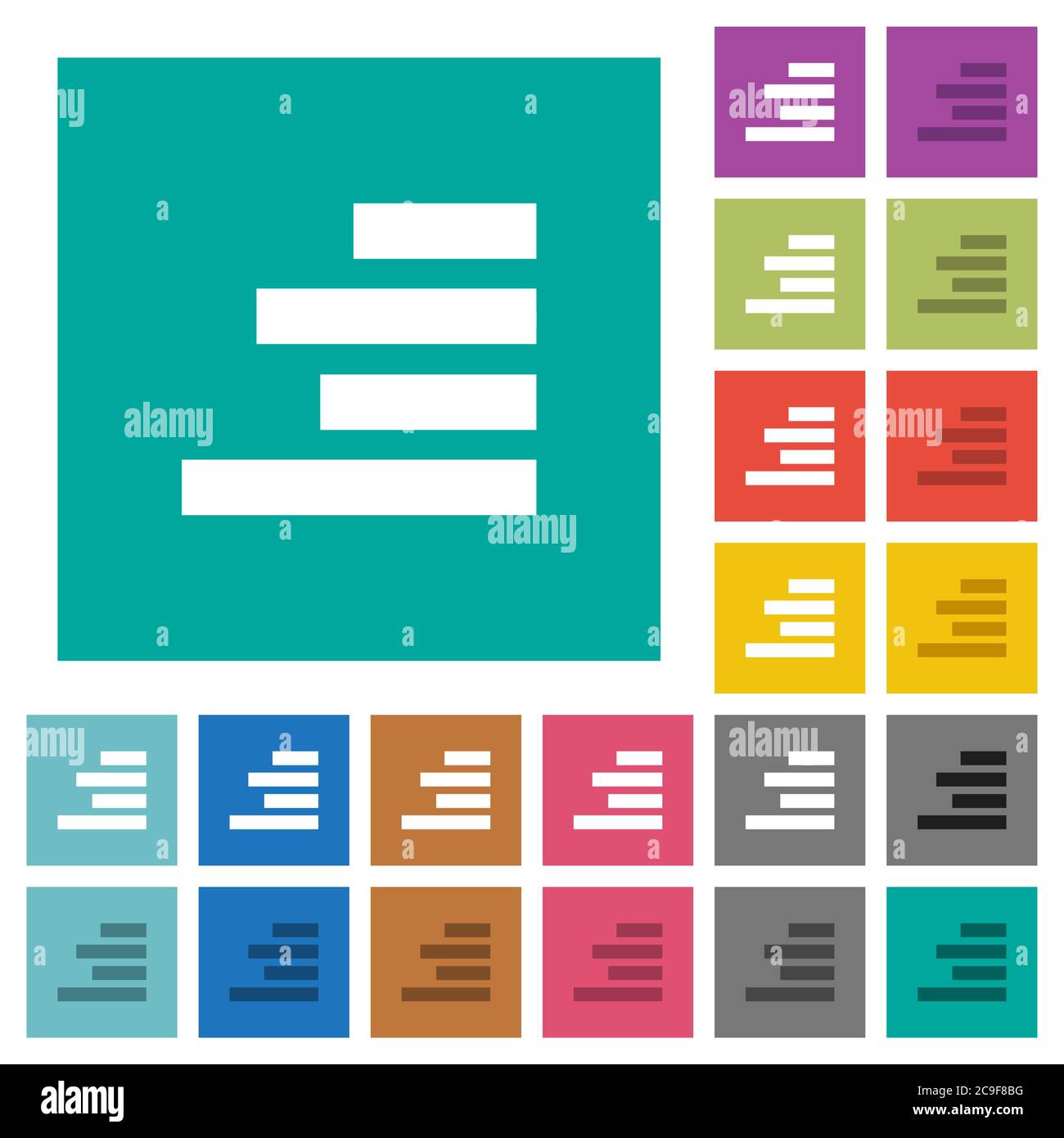 Text align right multi colored flat icons on plain square backgrounds. Included white and darker icon variations for hover or active effects. Stock Vector