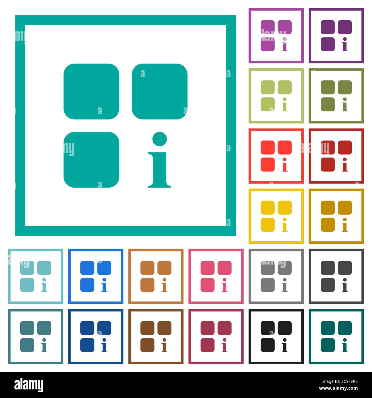Component information flat color icons with quadrant frames on white background Stock Vector