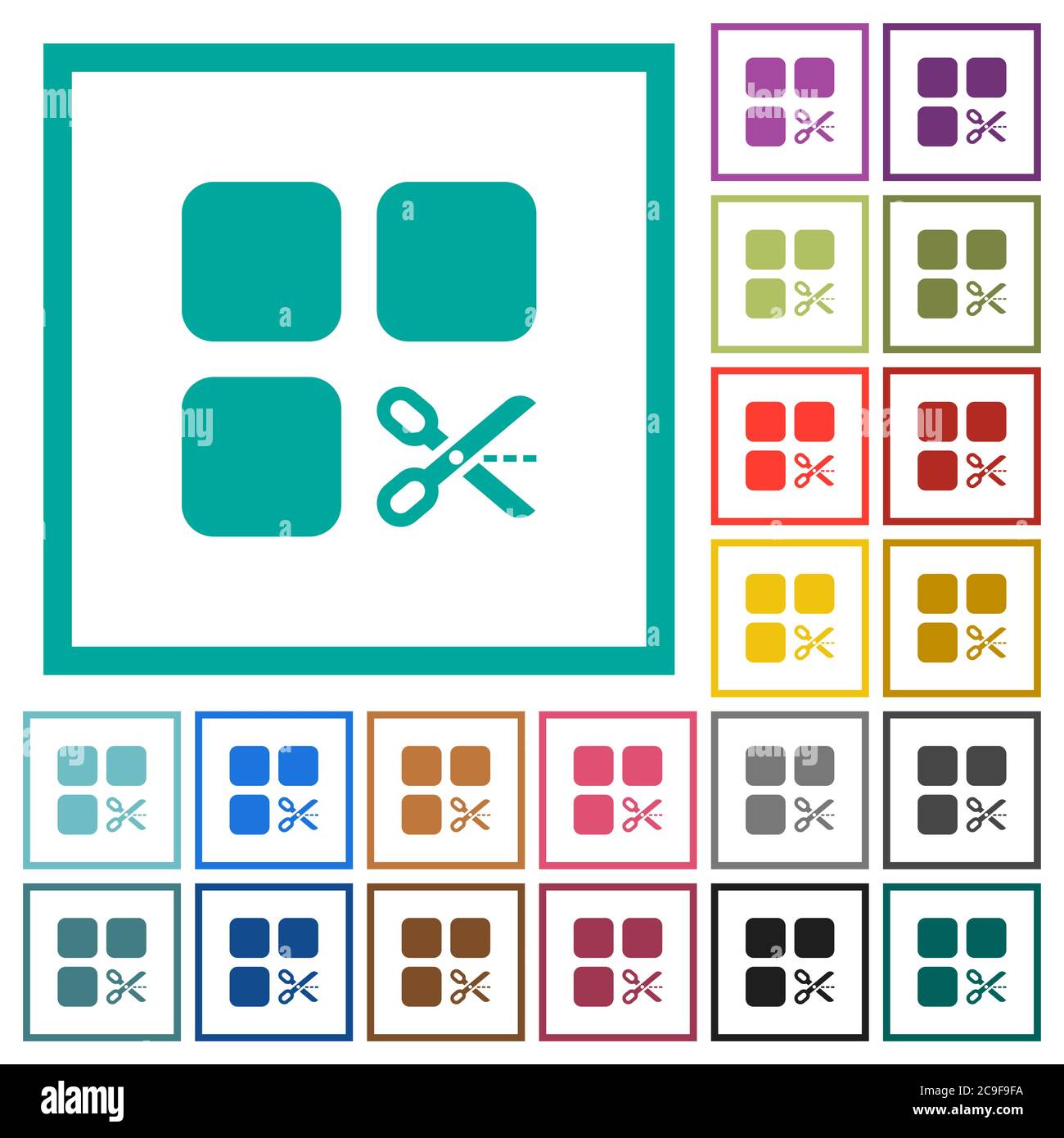 Cut component flat color icons with quadrant frames on white background ...