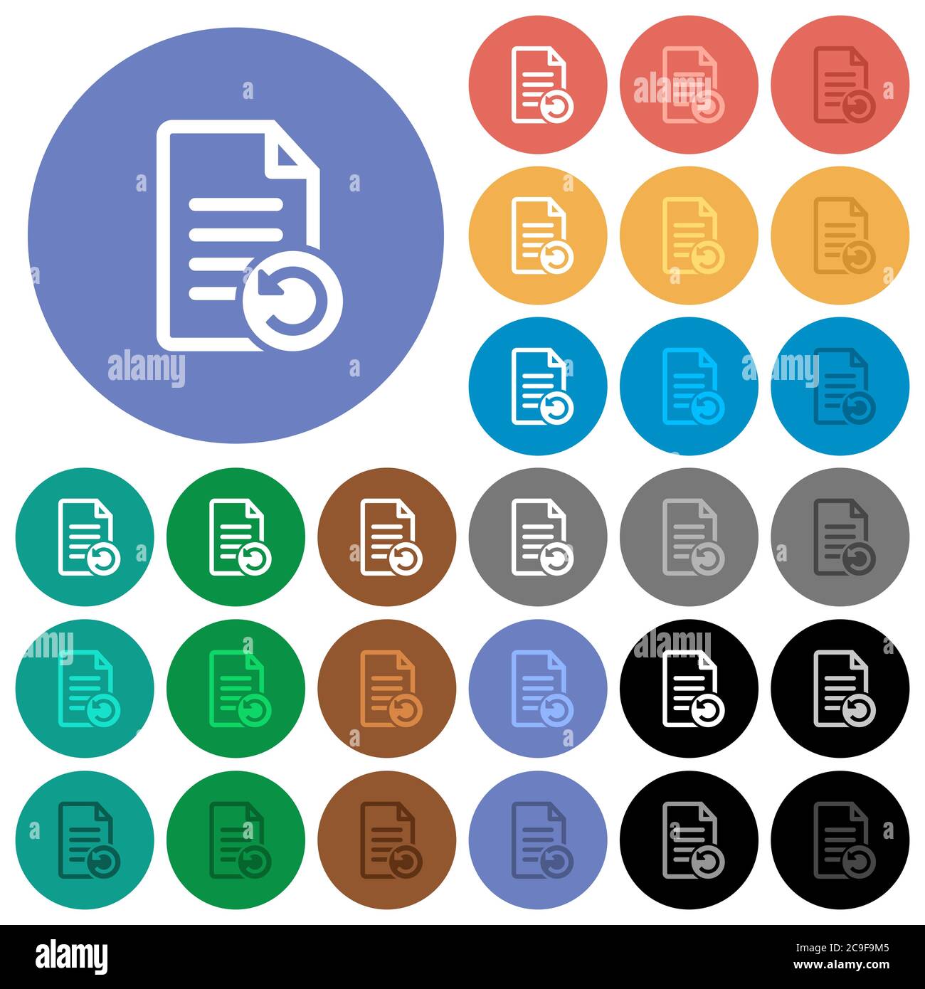 Undo document changes multi colored flat icons on round backgrounds. Included white, light and dark icon variations for hover and active status effect Stock Vector