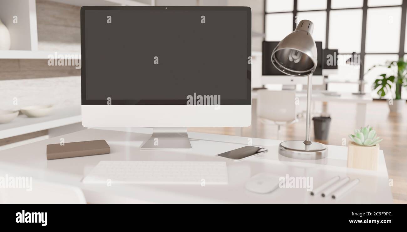 Modern office with computers mockup. Black screen. 3d illustration Stock Photo