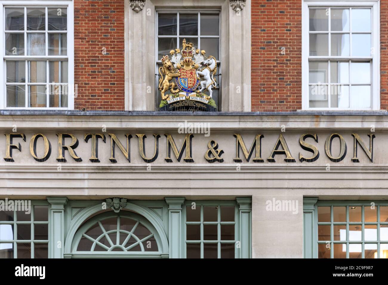 Fortnum & Mason, famous traditional British store and luxury brand, exterior logo, Mayfair, London, England, UK Stock Photo