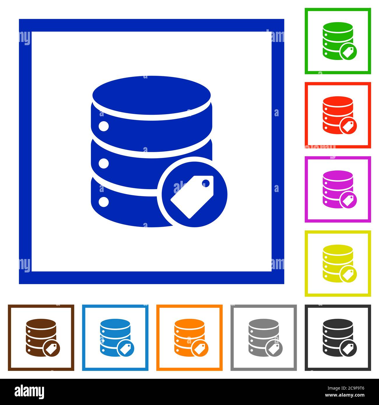 Database tag flat color icons in square frames on white background Stock Vector