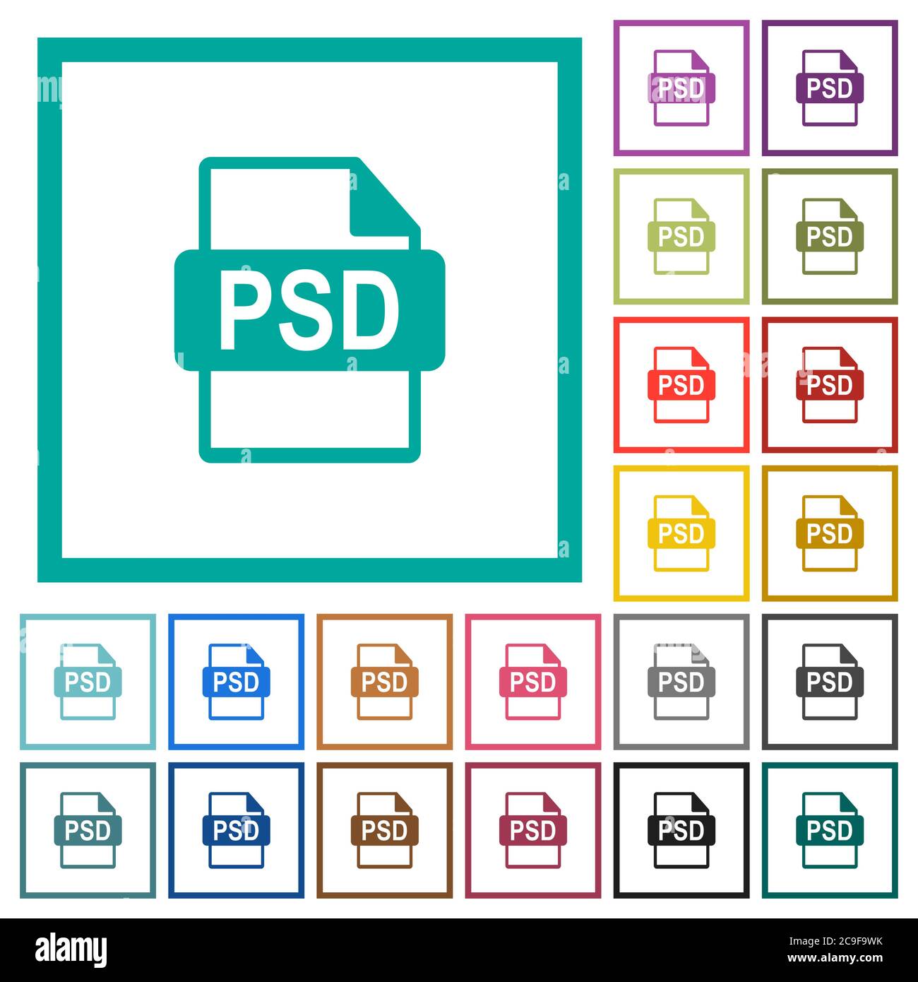 PSD file format flat color icons with quadrant frames on white background Stock Vector