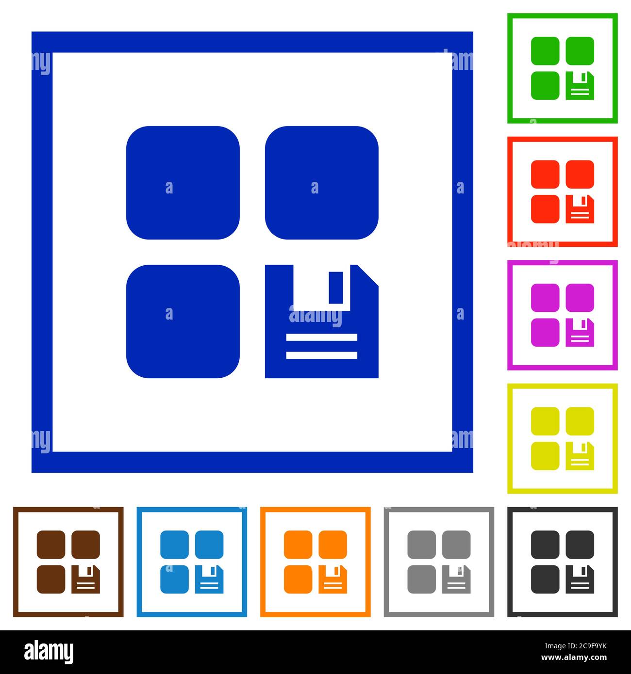 Save component flat color icons in square frames on white background ...