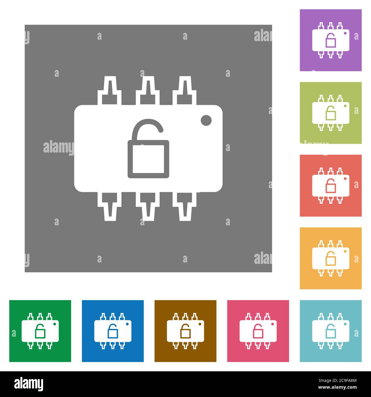Hardware unlocked flat icons on simple color square backgrounds Stock Vector