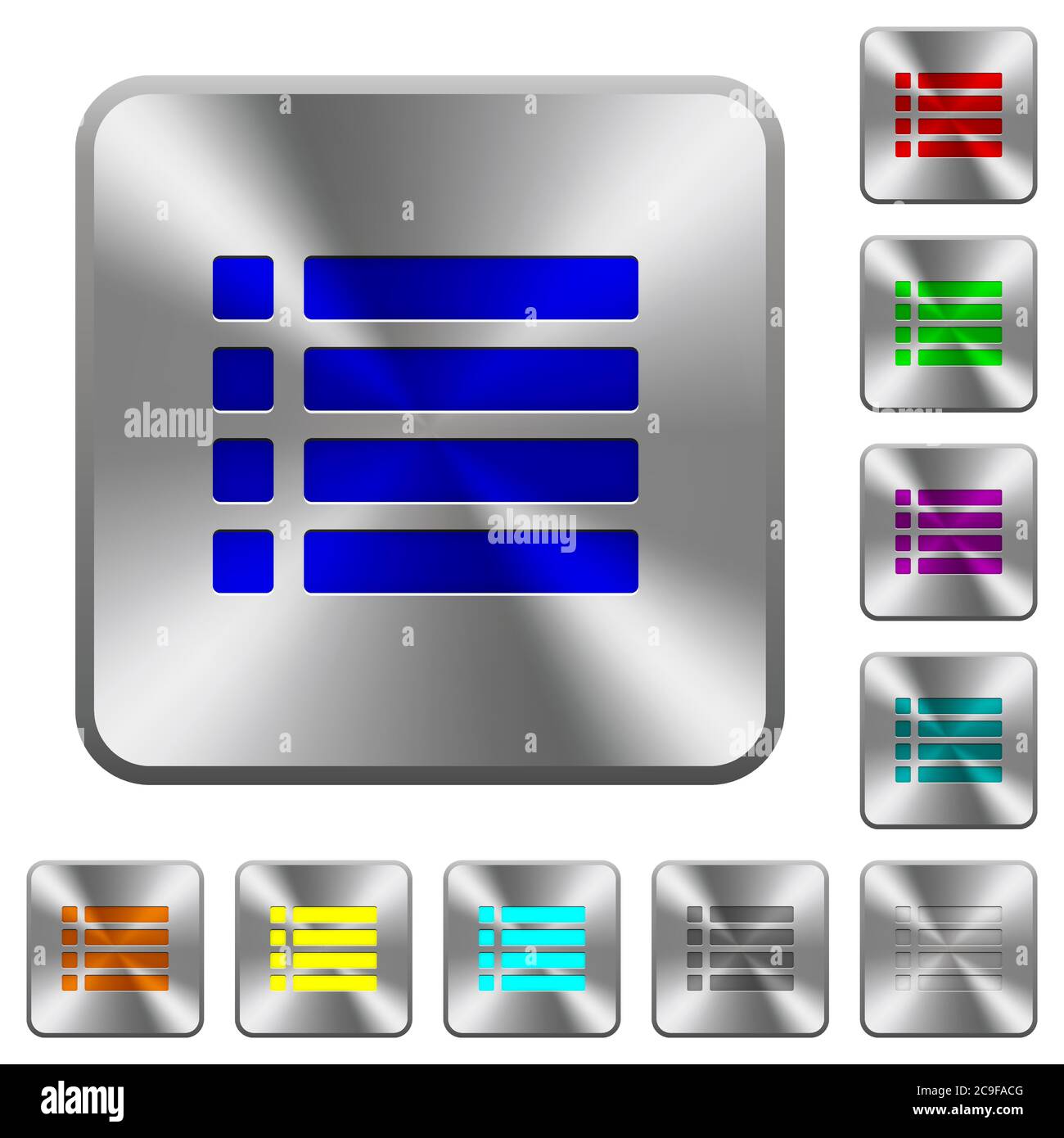 Unordered list engraved icons on rounded square glossy steel buttons ...