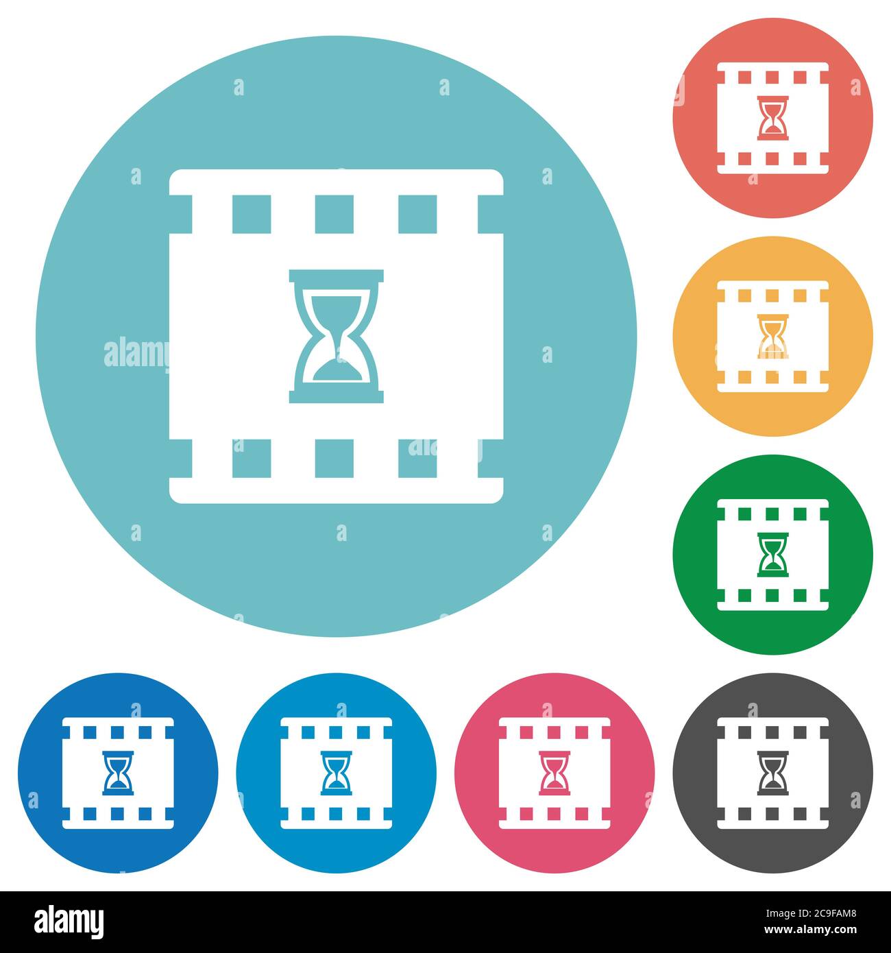 Movie processing flat white icons on round color backgrounds Stock Vector