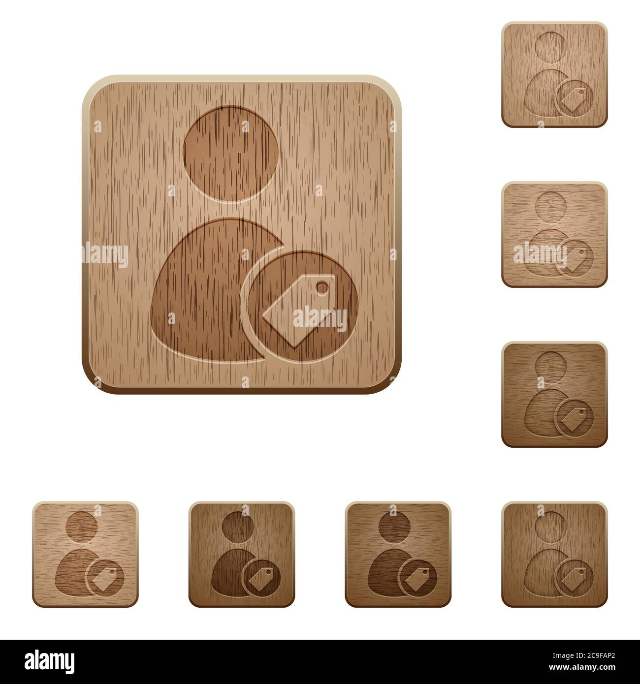 Tagging user on rounded square carved wooden button styles Stock Vector