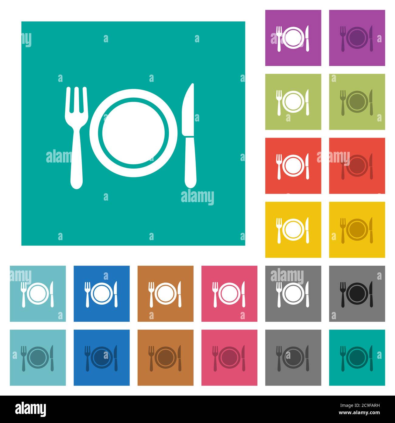 Dinner multi colored flat icons on plain square backgrounds. Included white and darker icon variations for hover or active effects. Stock Vector