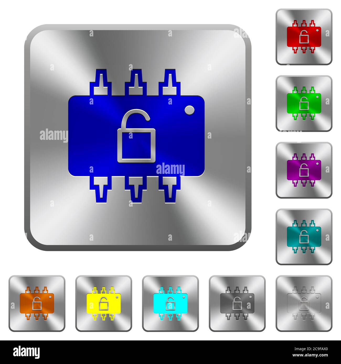 Hardware unlocked engraved icons on rounded square glossy steel buttons Stock Vector