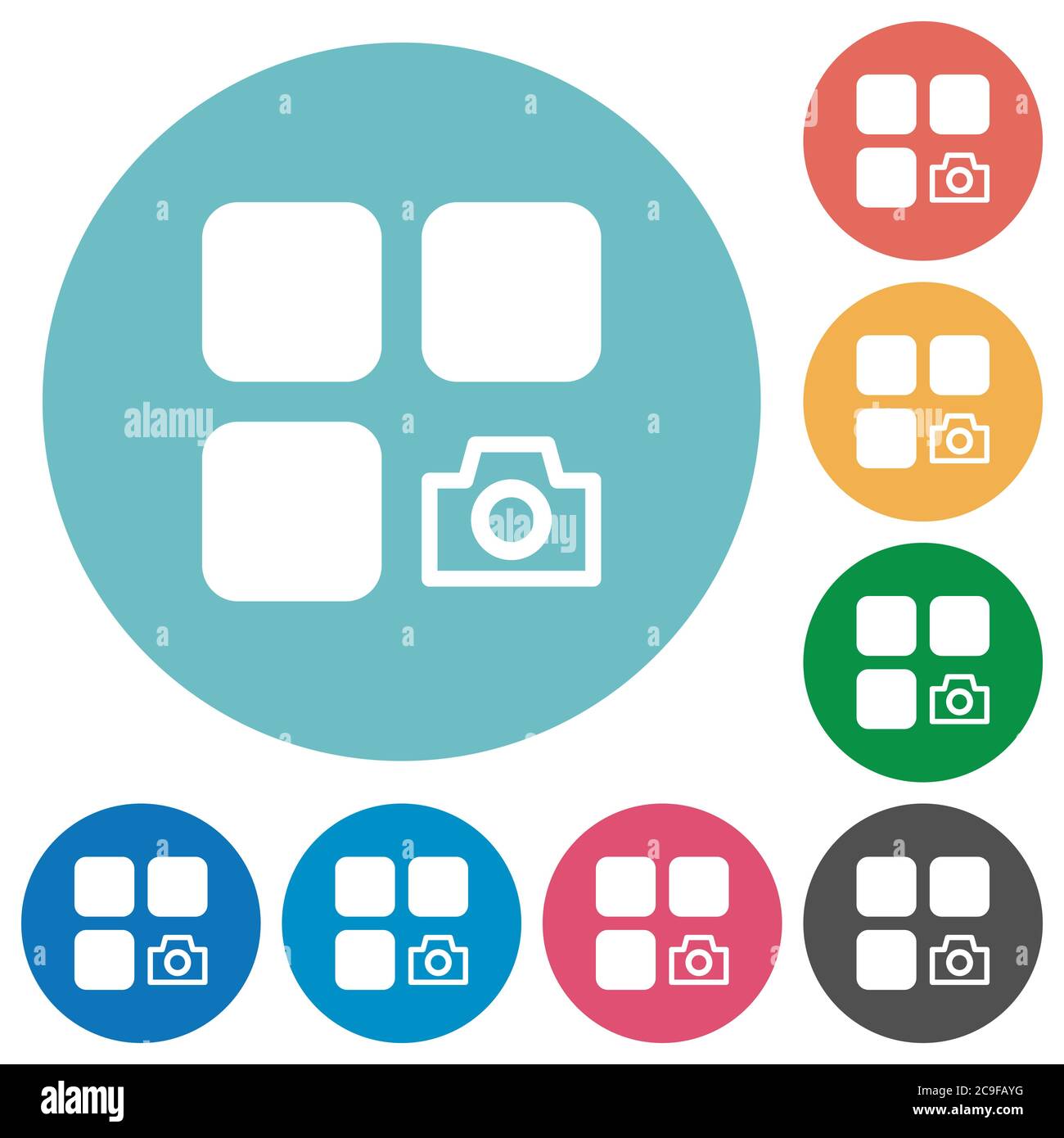 Camera plugin flat white icons on round color backgrounds Stock Vector