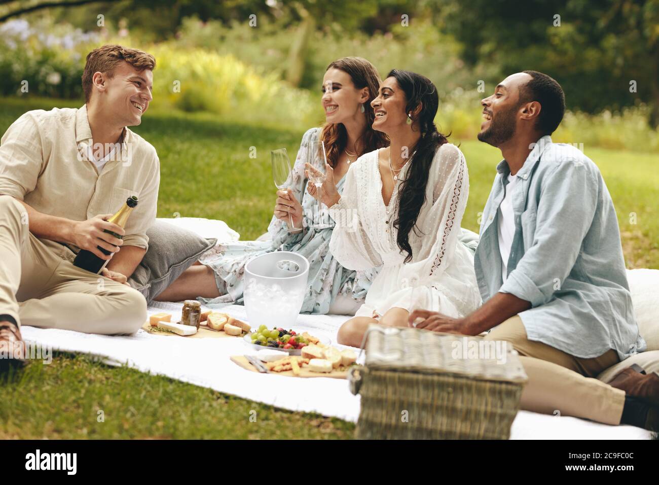 Group of friends having party at park. Multi-ethnic people having fun at the park. Stock Photo